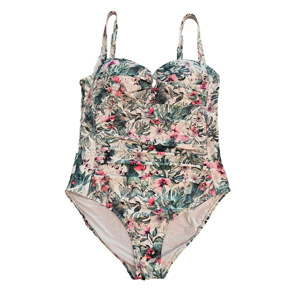 Nip Tuck 1 Piece Swimsuit Sz 10 Floral Side Ruching Adjustable Straps Padded Cup